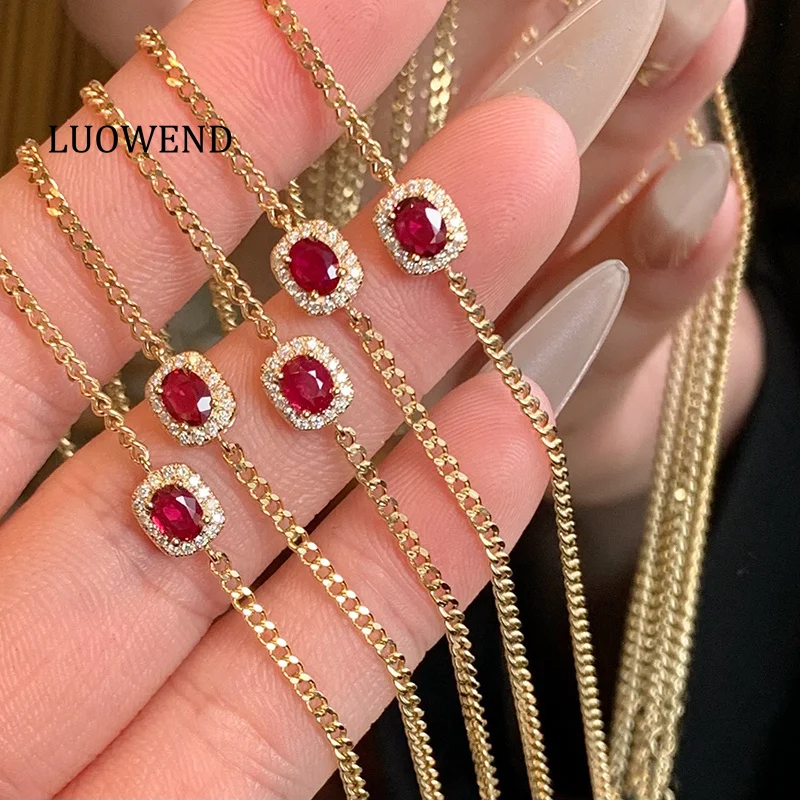 LUOWEND 100% 18K Yellow Gold Bracelet Elegant Romantic Style Shiny Diamond Natural Ruby Bracelet for Women High Wedding Jewelry