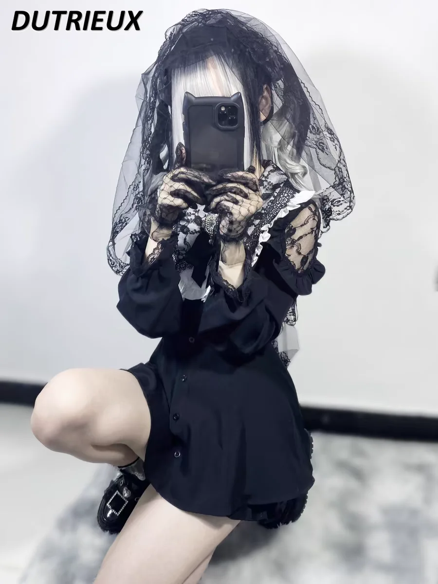 اليابانية الحلو الألغام القوس كشكش الدانتيل الربط الخصر التخسيس كم طويل مطوي فستان و طماق السراويل قطعتين مجموعة #5