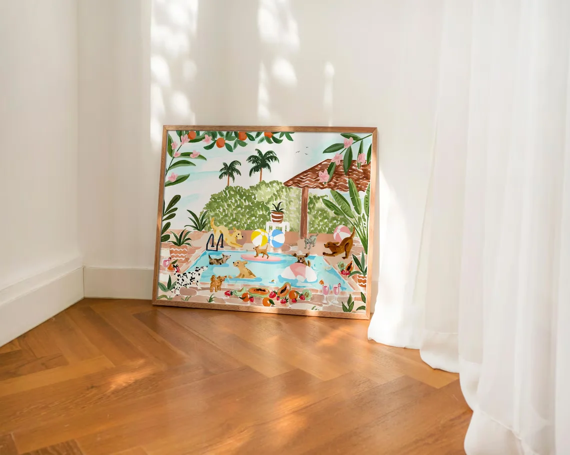 Sunny Dog Pool Party Wall Art - Whimsical Print Celebrating Summer Fun. The Lush Tropical Foliage and Playful Dogs Create a Warm view 5