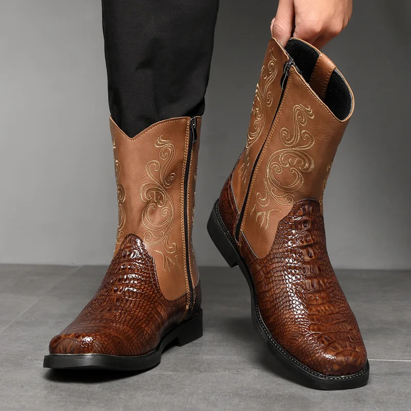 Men's Wide Width Tall Cowboy Boots Fall 2025 PU Leather High Shaft Western Embroidered Workwear Vintage Riding Boots for Outdoor view 6