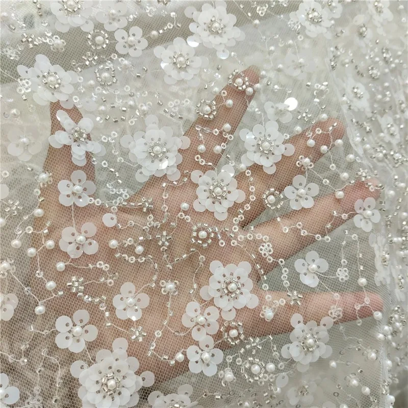 White Heavy-duty Sequin and Bead Fabric, Suitable for DIY Wedding Dresses, Gowns, and Qipao Background Decoration Accessories