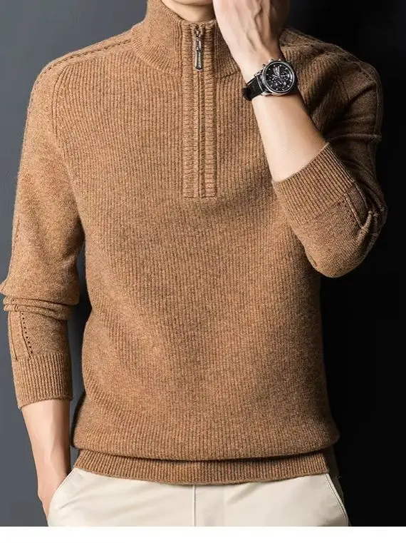 100% pure sweater men's zipper high neck middle-aged winter sweater casual warm knit bottoming shirt