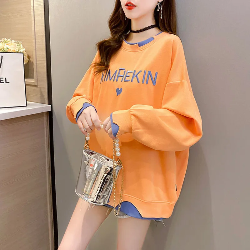 Fashion Embroidery Letter Fake two pieces T-Shirt Female Clothing 2023 Autumn New Oversized Casual Pullovers Loose Korean Tee Sh