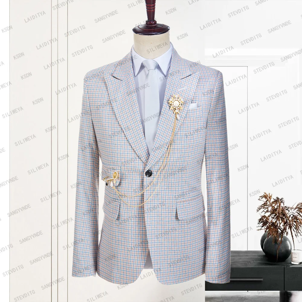 

2023 New Summer Men's Linen Suit Slim Fit Casual Prom Blue Orange Plaid Terno Men Tuxedos For Wedding Fashion Jacket Blazer Coat