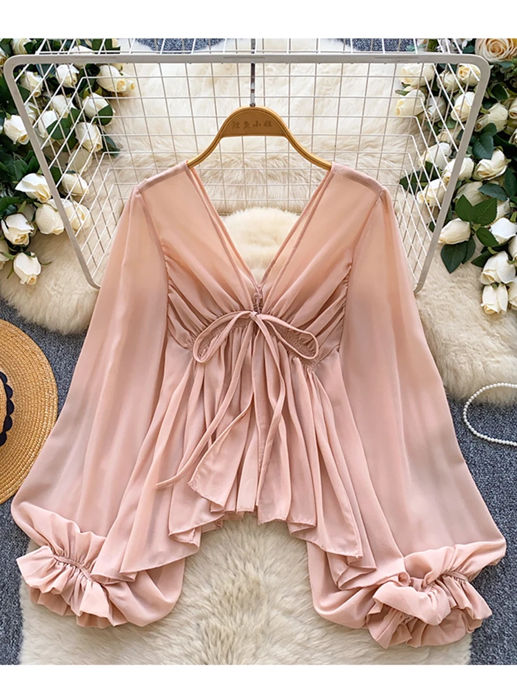 

Spring Autumn Tied V-neck Lantern Sleeve Slit Chiffon Blouse for Women New Thin Fashionable Loose Sexy Top Trend T101