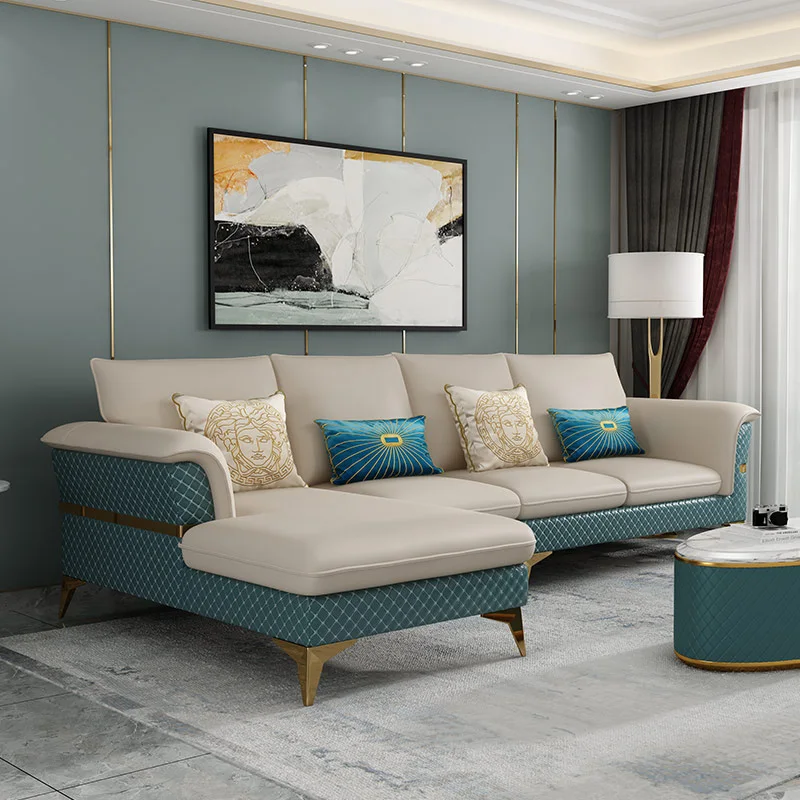 

Moderne leder sofa set Nordic Gehobenen edelstahl l förmigen sofa licht luxus wohnzimmer sofa Schnitts PU Leder