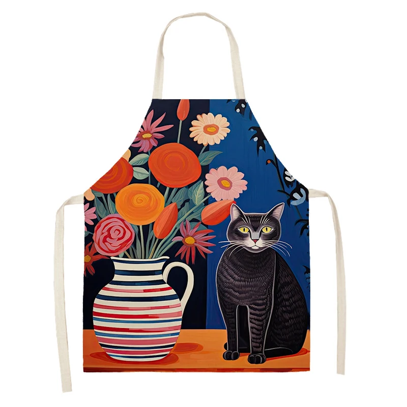 Women\'s kitchen apron oil painting style Restaurant chef barber Waterproof apron for menand child black cute cartoon cat 55×68