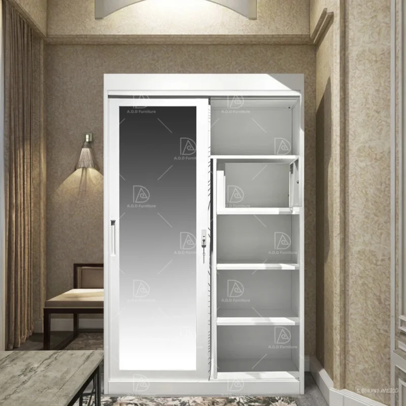 custom.Cheap Price Sliding Metal Wardrobe 2 Bedroom Steel Cabinet Almari Mirror Design Bongkar Pasang Lemari Hall Applicat