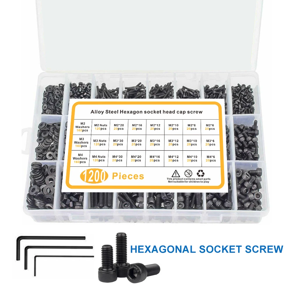1200PCS Black Metric Screw Assortment Kit,M2 M3 M4 Assorted Bolts and Nuts Kit Screws Nuts and Washers Hex Socket Head Cap