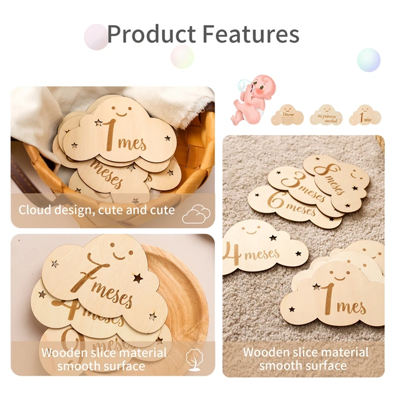 8PCS Wooden Baby Month Milestone Card Spanish language Cloud Shape Photography Cards Birthday Gift Souvenir Photo Accessories