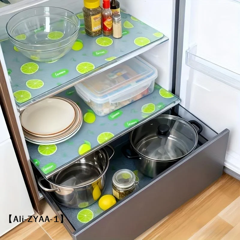 【A】4Pcs Waterproof Refrigerator Liner Set Moisture-Proof Non-Slip Washable Reusable EVA Material Novel Lemon Pattern