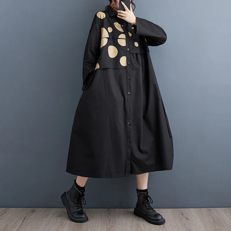 #6815 Polka Dot Printed Shirt Dress Women Loose Casual Vintage A-line Dress Long Sleeve Split Joint Ladies Dresses Black Khaki