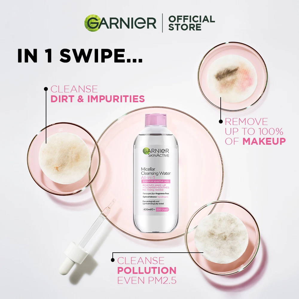 GARNIER Makeup Remover Liquid 400ml Face Eye Lip 3-in-1 Makeup Removal Gentle Refresh Deep Cleansing Smoothing Makeup Cosmetics