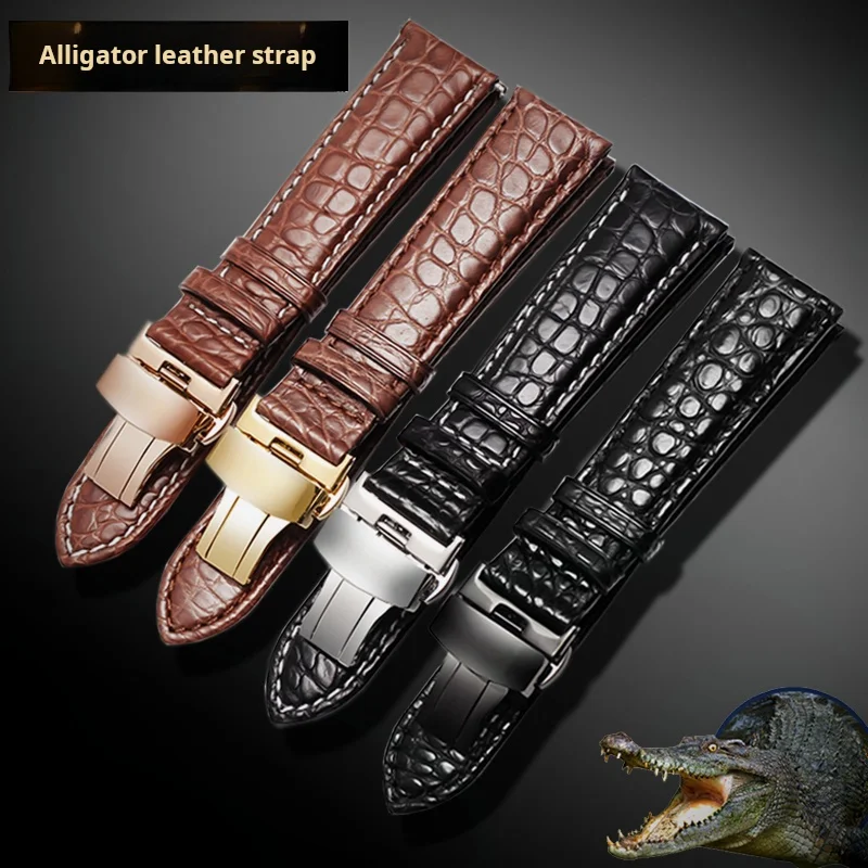 High quality Two-sided Crocodile Skin leather watch strap Butterfly clasp 19mm 20mm 21mm 22mm men metal Watchband soft bracelet