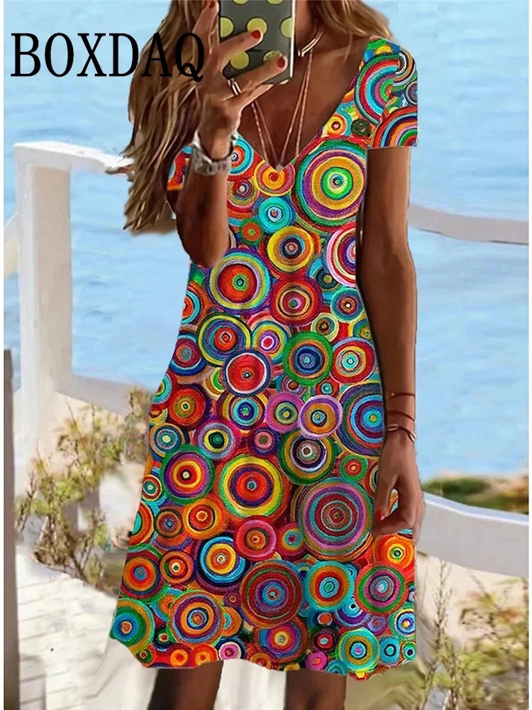 

Women New Loose Boho Vintage Dresses Sundress Colorful Circle 3D Printed Short Sleeve Elegant Party Dress Casual Street Dresses