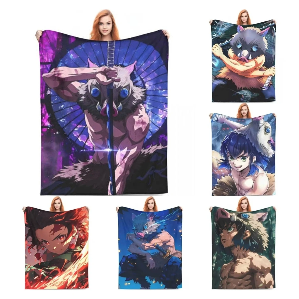 Inosuke Hashibira Flannel Blankets Anime Demon Slayer Awesome Throw Blankets for Sofa Bedding Lounge Bedspreads