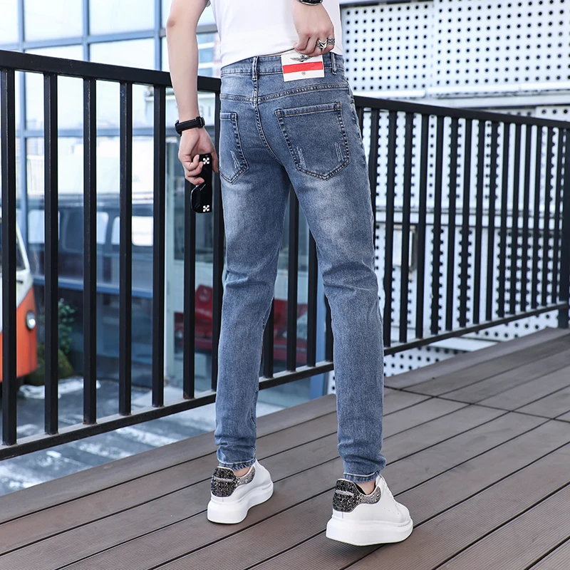 2024 new street shooting embroidered jeans tide summer men's pants trendy tight elastic small leg pants casual pants