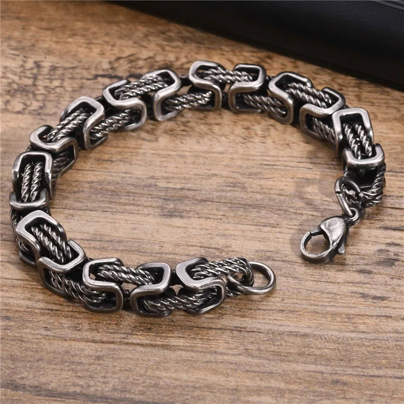 Hiphop Chunky Byzantine Bracelets,Retro 8mm Stainless Steel Braided Link Wristband,Punk Vintage Jewelry Gift for Men Boys