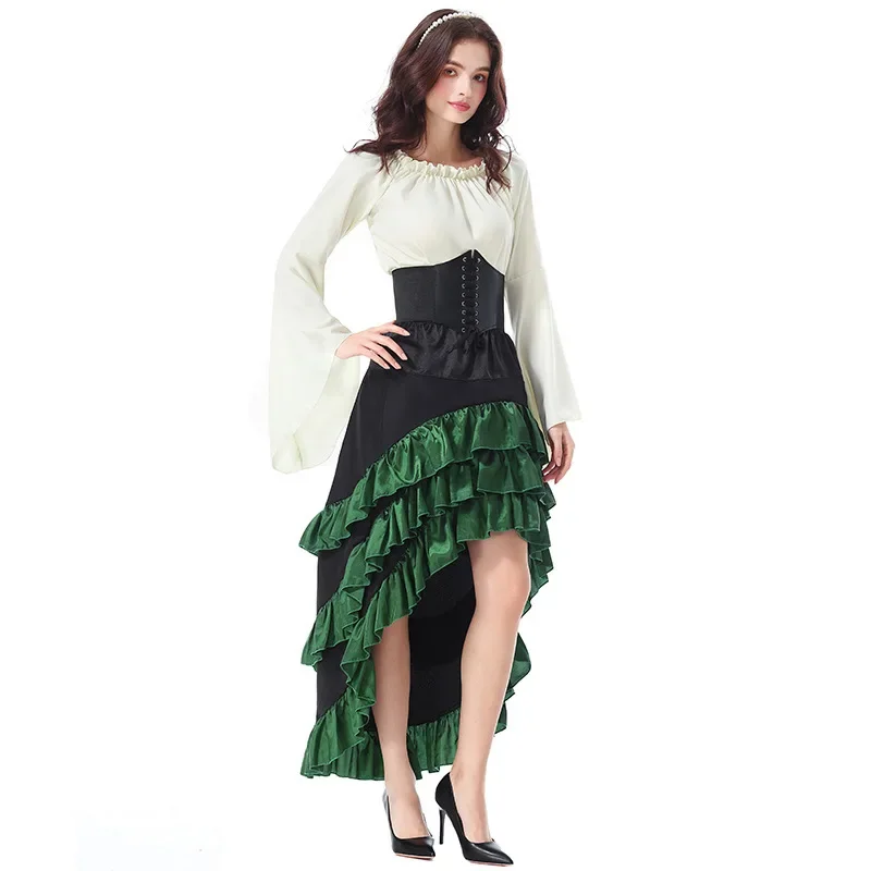 Fashionable Halloween Literary Front Short Back Long with Lotus Leaf Hem Long Dress. Medieval Costume Pirate Style Corset Skirt view 6