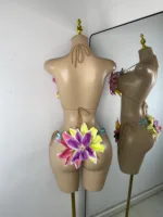 Women Sexy Tropical Handmade Flower Trendy Bikini Two Pieces Transparent Floral Swimsuit Beach Outfit Dancer Performance Costume 4