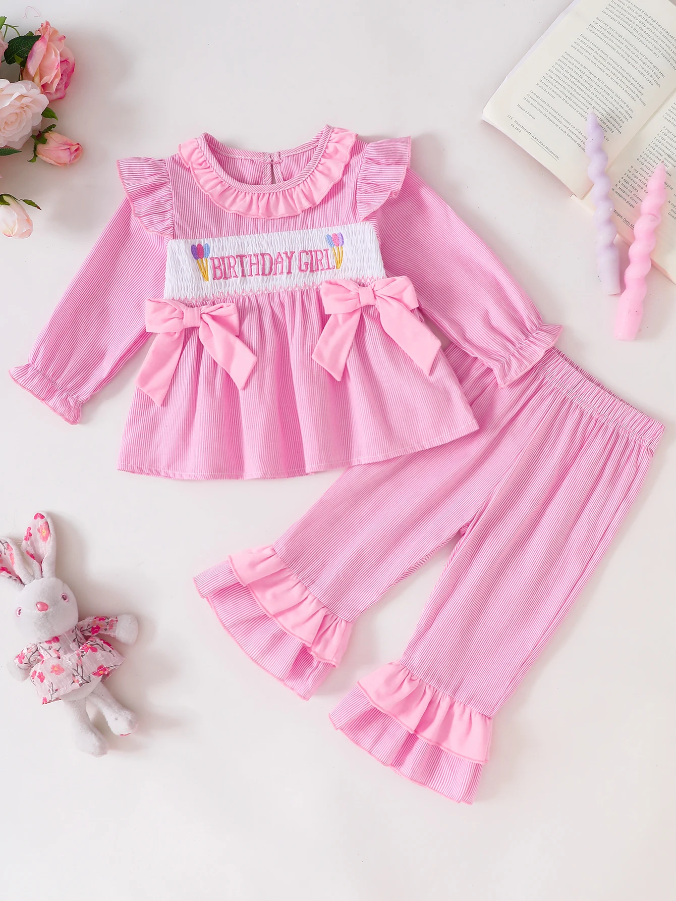 Baby Girl Birthday Outfit Pink Striped Ruffle Long Sleeve Top Flare Pants 2Pcs Toddler Bow Birthday Girl Clothes Set