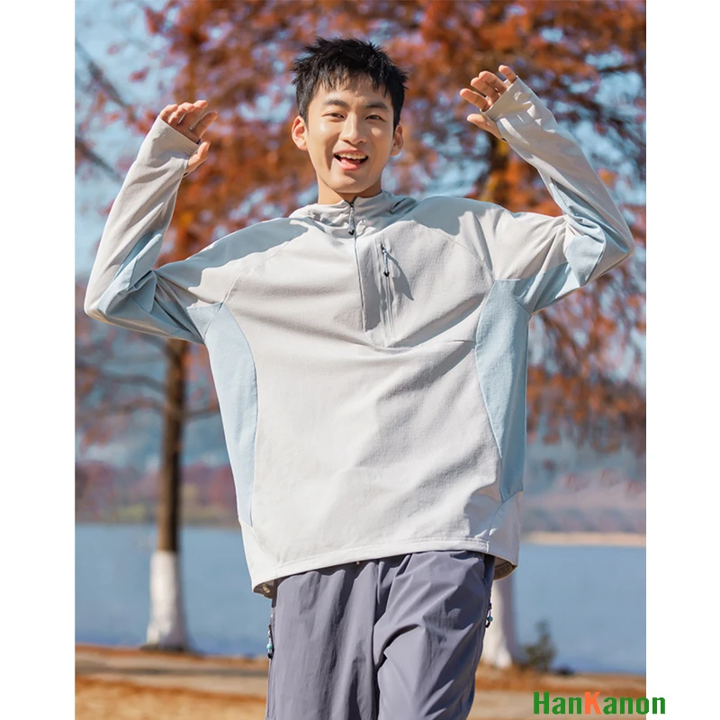 

Men's Outdoor Performance Hooded Half-Zip Pullover with Quick-Dry Moisture-Wicking Fabric Thumb Holes, Adjustable Hem Drawcord