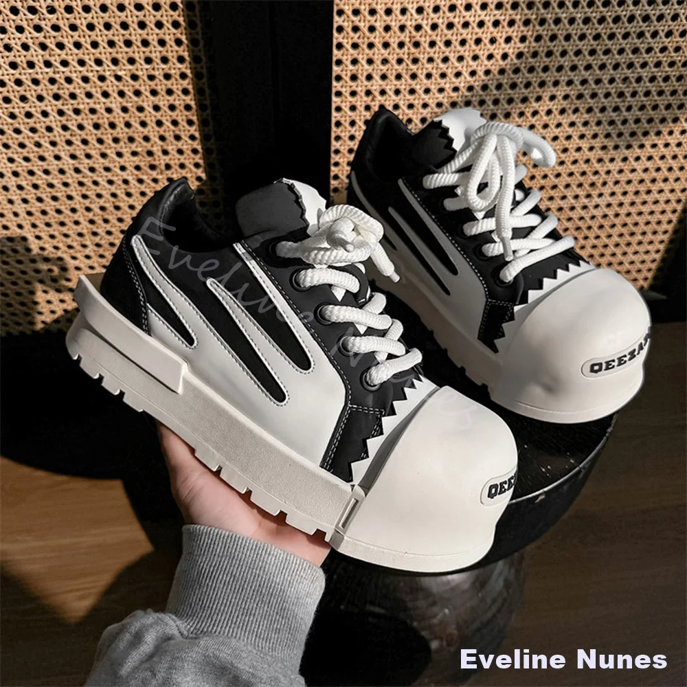 Men Big Toe Platform Sneakers Black White Jagged Edge Skate Shoes Rope Lace Up Streetwear Hip Hop Daily Walking Casual Shoes