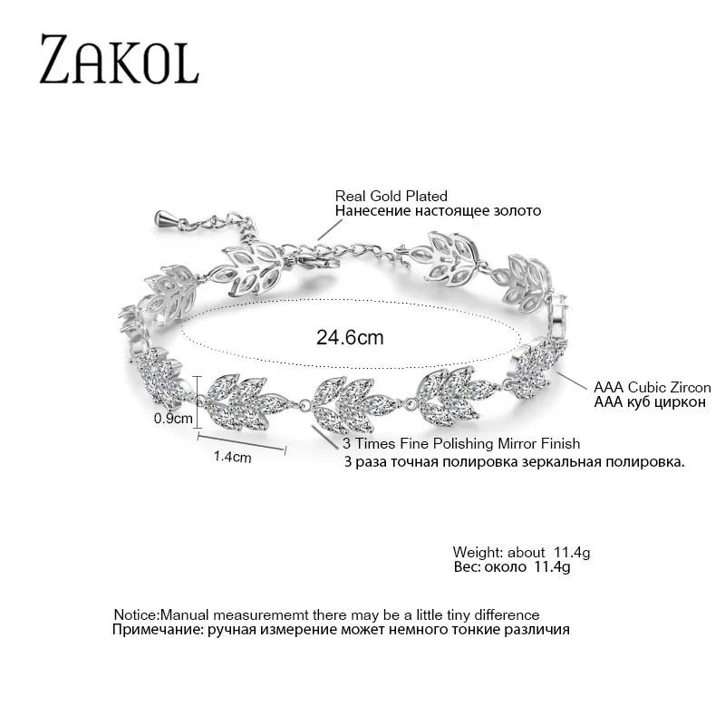 ZAKOL Luxury Cubic Zirconia Leaf Chain Bracelets for Women White Crystal Wedding Jewelry Gift BP2117