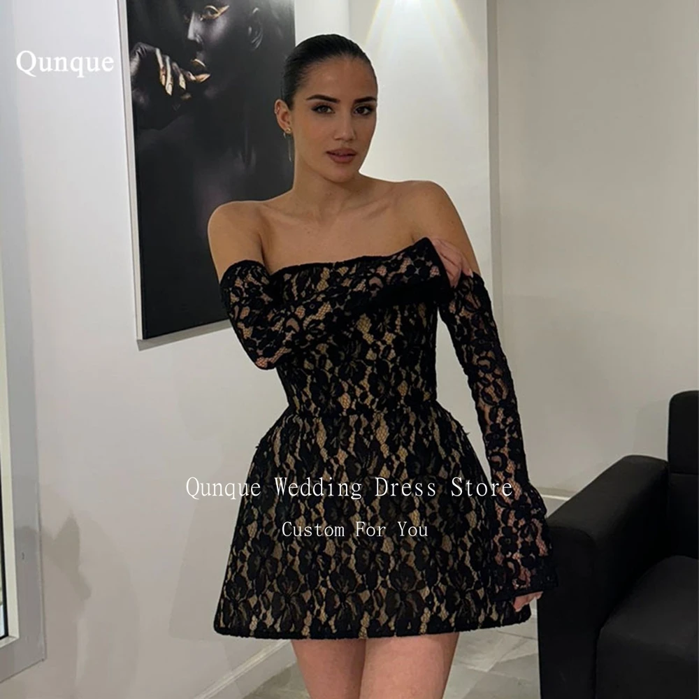 

Qunque Detachable Long Sleeves Prom Dresses Black Full Lace Short Mimi Party Dresses Customized Elegant Birthday Cocktail Gown