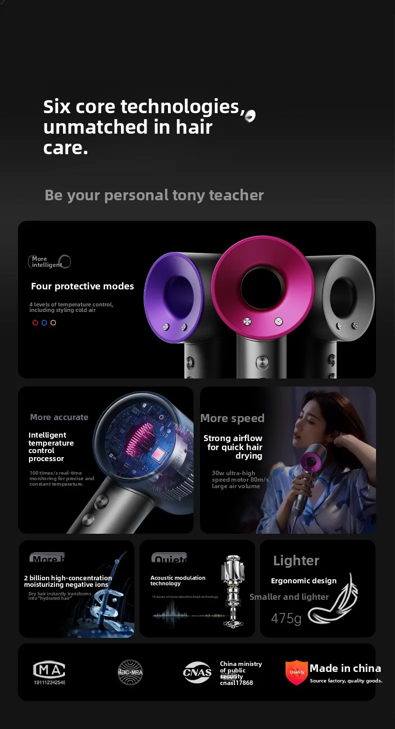 เครื่องเป่าผม ไอออนลบ ดูแลเส้นผม เงียบและแห้งเร็ว ลมแรงในครัวเรือน ไม่ทำลายท่ออากาศ