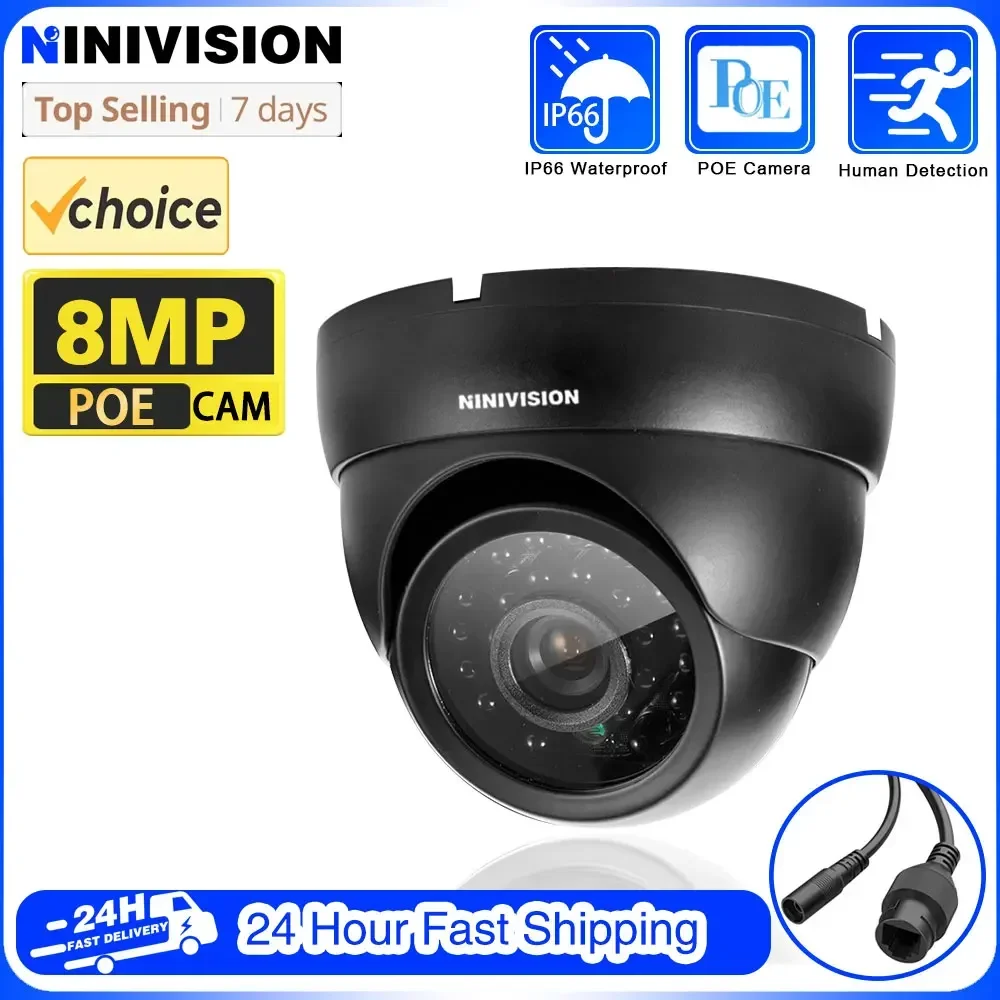 

4K 8MP Black POE Camera Human Detection 24 Array Infrared LED 8.0MP Resolution With HD 3.6mm Lens CCTV Home Security IPC Cameras