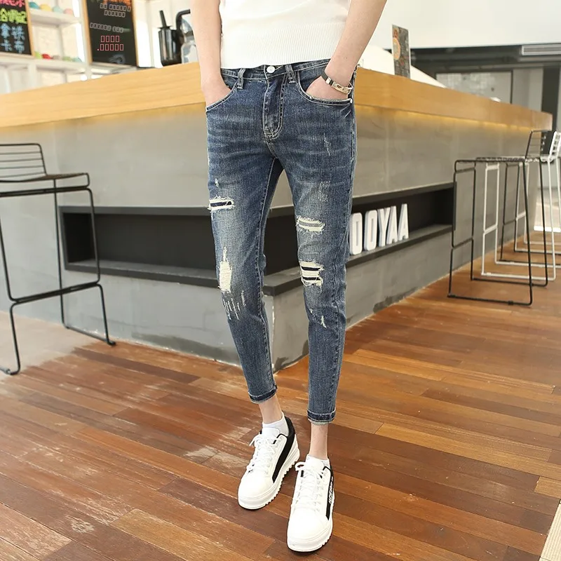 

Мужские джинсы Slim Fit, маленький размер 55, укороченные брюки с дырками, повседневные, с низкой посадкой, из хлопка