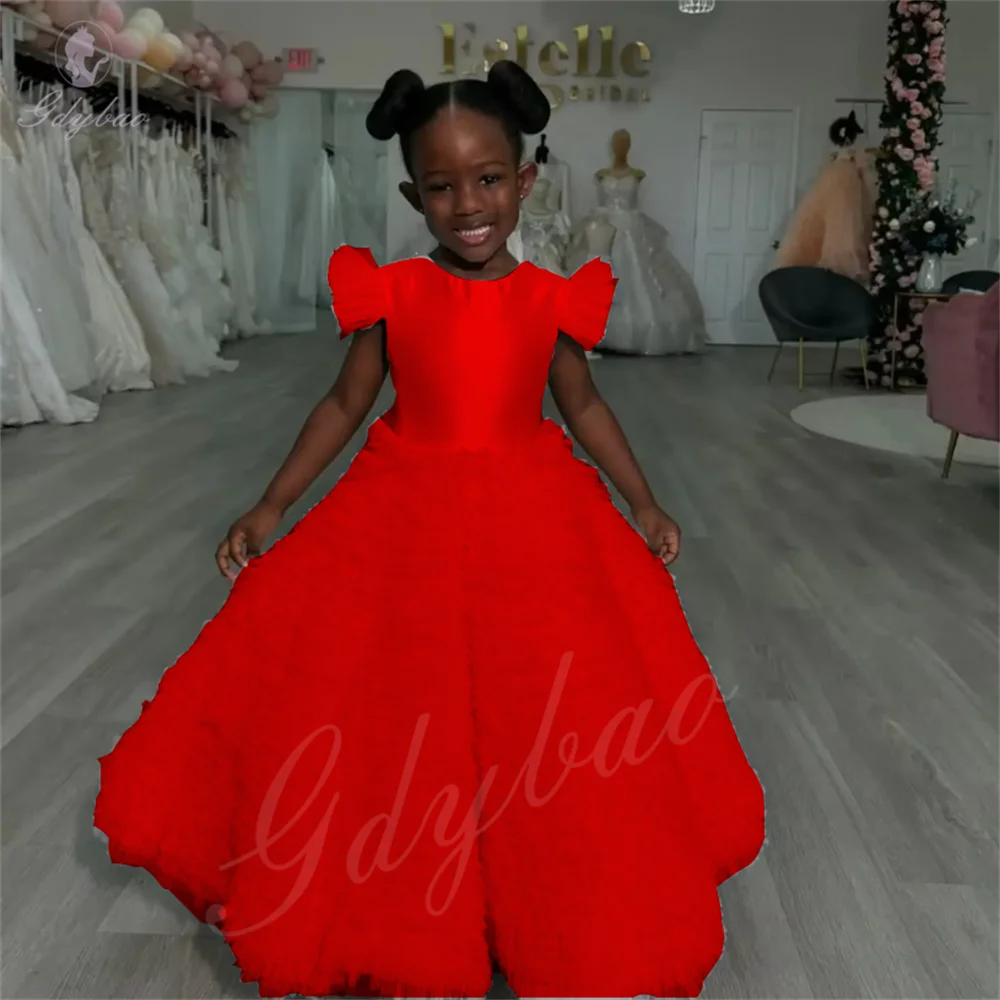فساتين فتاة الزهور الحمراء منفوش لحفلات الزفاف من التول للأطفال وحفلات أعياد الميلاد والمناسبات الرسمية ومهرجانات التجميل حسب الطلب
