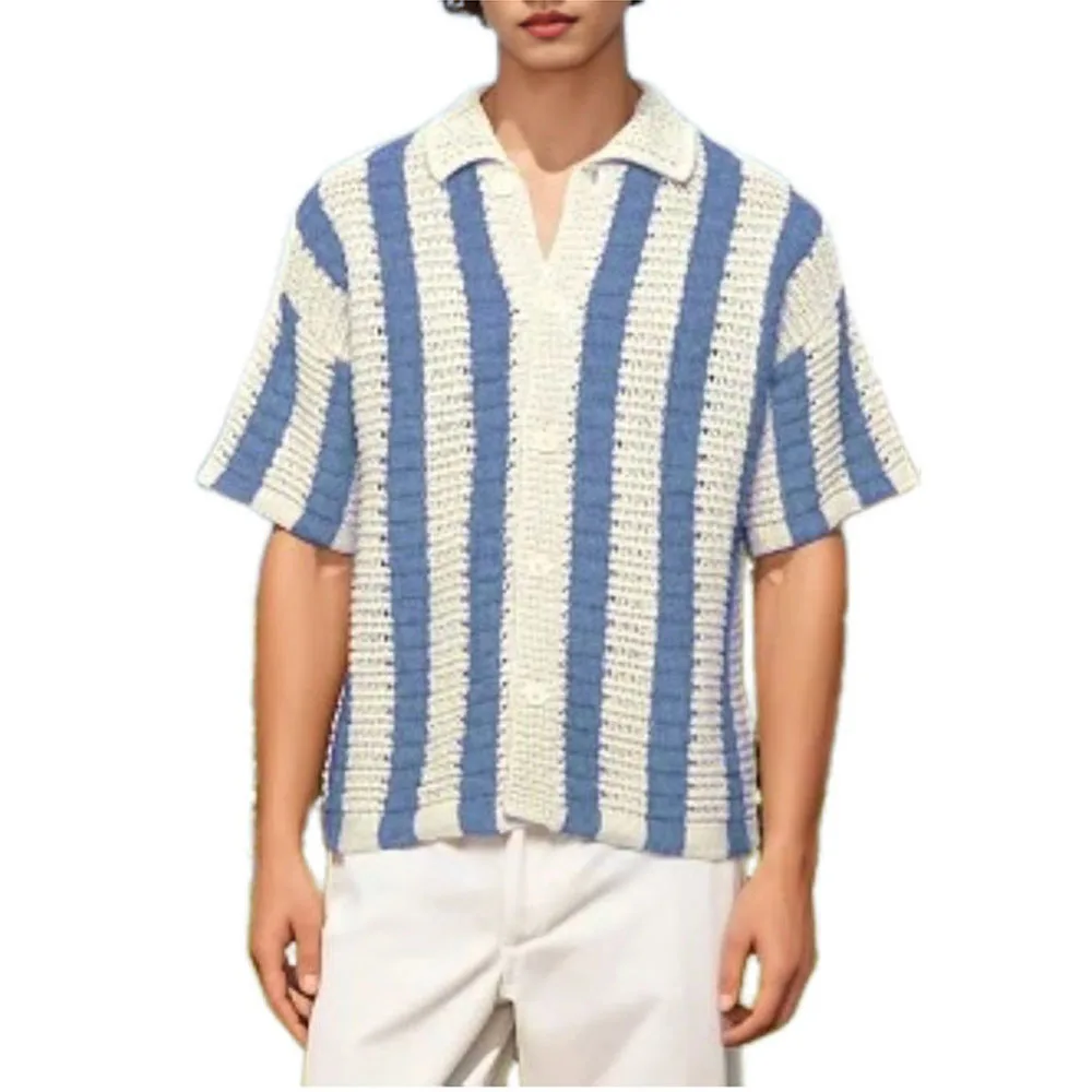 Men'S Summer Striped Knit Short-Sleeved Shirt Breathable Button-Down Casual Loose Beach Vacation Top 2026new
