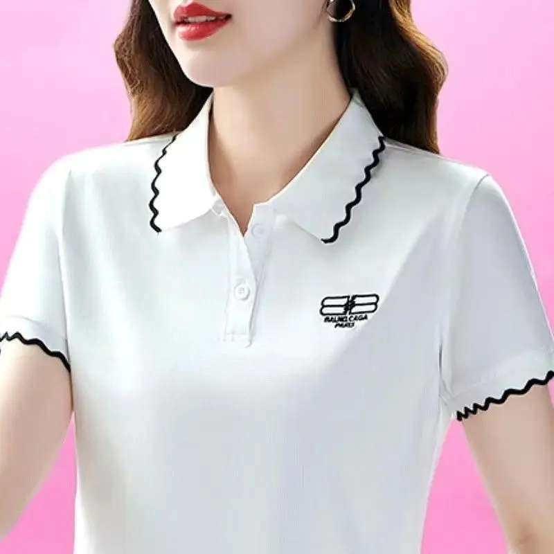 Middle-Aged Lapel Short Sleeve T-shirt Women\'s Summer New 100% Cotton Sports Leisure Polo Bottoming Shirt Golf Shirt Women