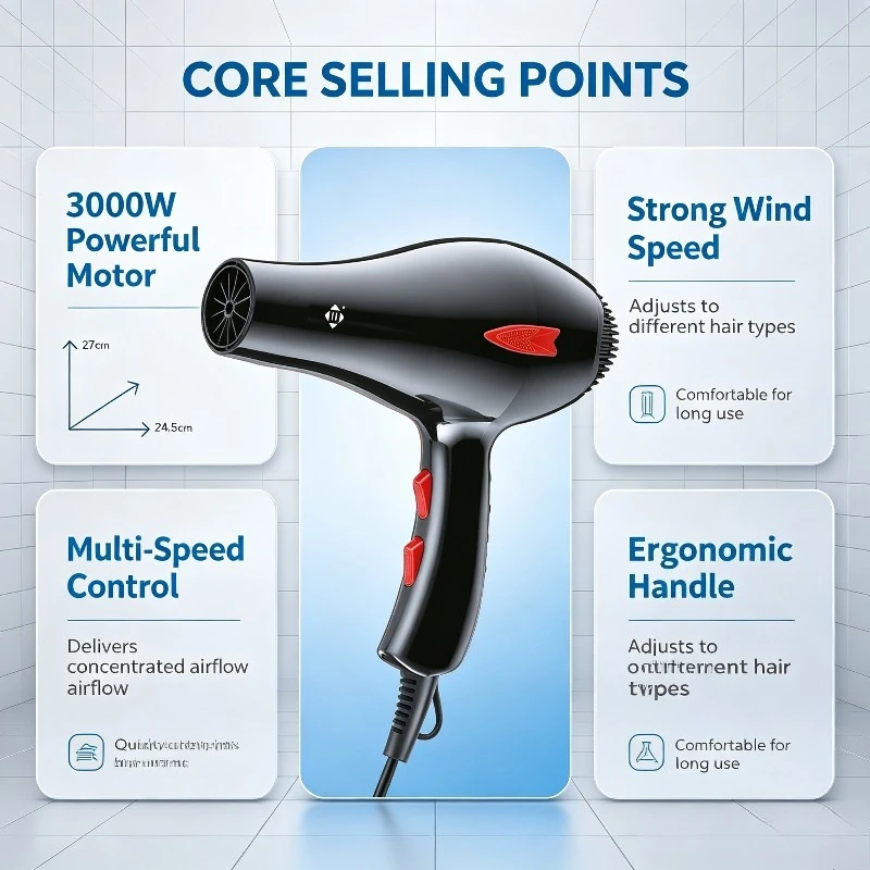 Secador de pelo profesional WETECH W1111, secador de pelo de alta potencia de 3000W, temperatura y velocidad del viento ajustables con 2 boquillas concentradoras, herramienta de peinado para el hogar y el salón, voltaje universal AC100-240V