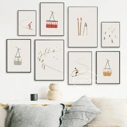 Vintage Watercolor Skiing Skier Artwork Winter Sports Minimalist Poster Canvas Painting Wall Art Pictures Home Interior Decor