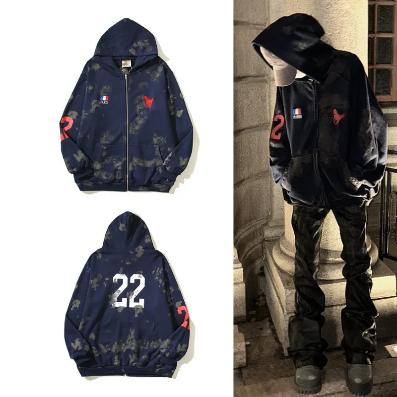 Streetwear Unisex Loose Hoodies Tops Fashion Embroidery Camouflage Mud Dyed Retro Washed Zipper Sweatshirts Hooded Jackets Men