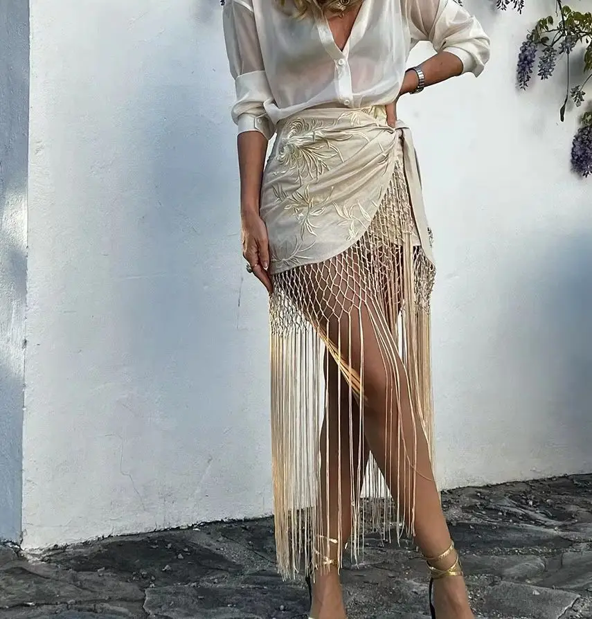 

KONDALA шикарная элегантная юбка с кисточками, мода 2025 года, летняя кружевная вышивка, праздничная вечеринка, женские длинные юбки, асимметричная прямая юбка