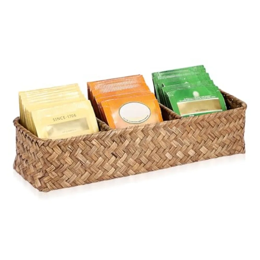 

ELLDOO Small Seagrass Tea Bag Organizer, 3 Compartments Tea Bag Chest, Divided Storage Container for Beverage Supplies Sweetene