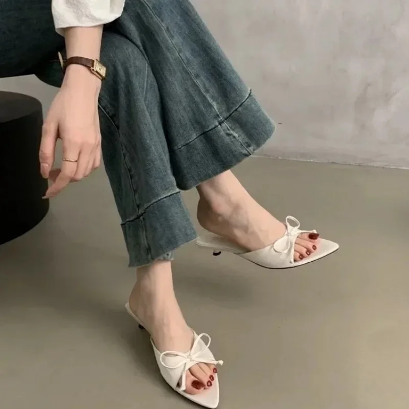 

Элегантные женские сандалии во французском стиле с узлами-бабочками на тонком каблуке, летняя сказка, уличная одежда из искусственной кожи, резиновая подошва