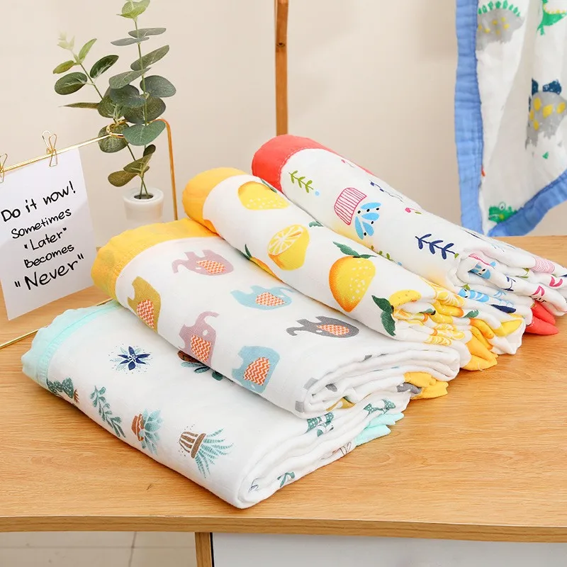 110X120Cm Bamboe Katoenen Baby Deken Dierenprint Baby Mousseline Swaddle Deken Zachte Pasgeboren Baby Beddengoed Ontvangende Wrap