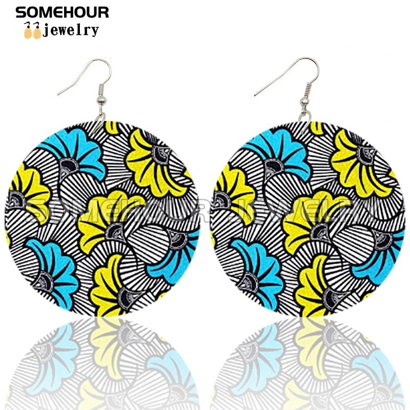 SOMEHOUR African Fabric Design Print Vintage Woman Wooden Drop Earrings Afrocentric Ethnic Art Bohemain Ear Loops Dangle Jewelry