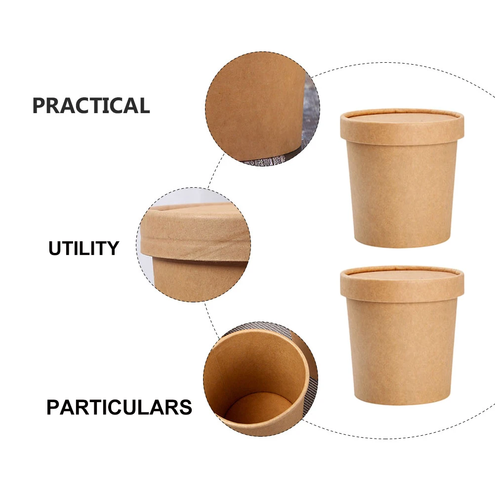 

10Sets Disposable Kraft Paper Soup Cups with Lids Soup Buckets Porridge Cups Transparent Dessert Containers for Food