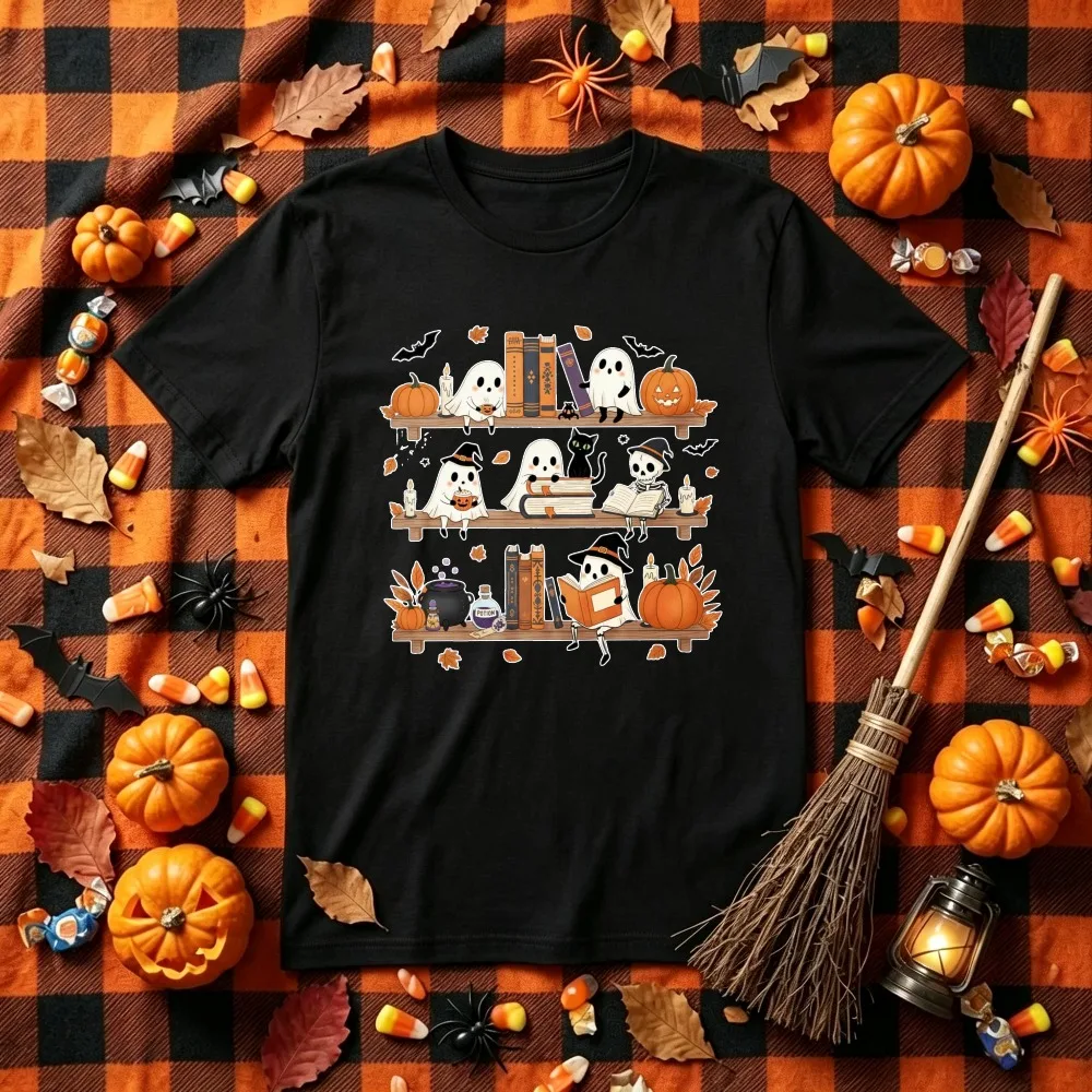 Cute Ghost Bookshelf Halloween Graphic T‑Shirt Spooky Reading Ghost Pumpkin Bat Witch Potion Print Crew Neck Tees Casual Tops
