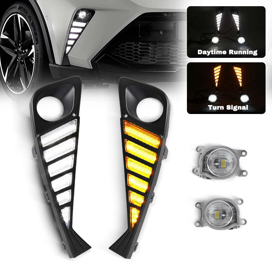 

For Toyota C-HR CHR 2020 2021 2022 Car Daytime Running Light DRL Start-up Animation Yellow White Fog Lamp Turn Signal Light 12V