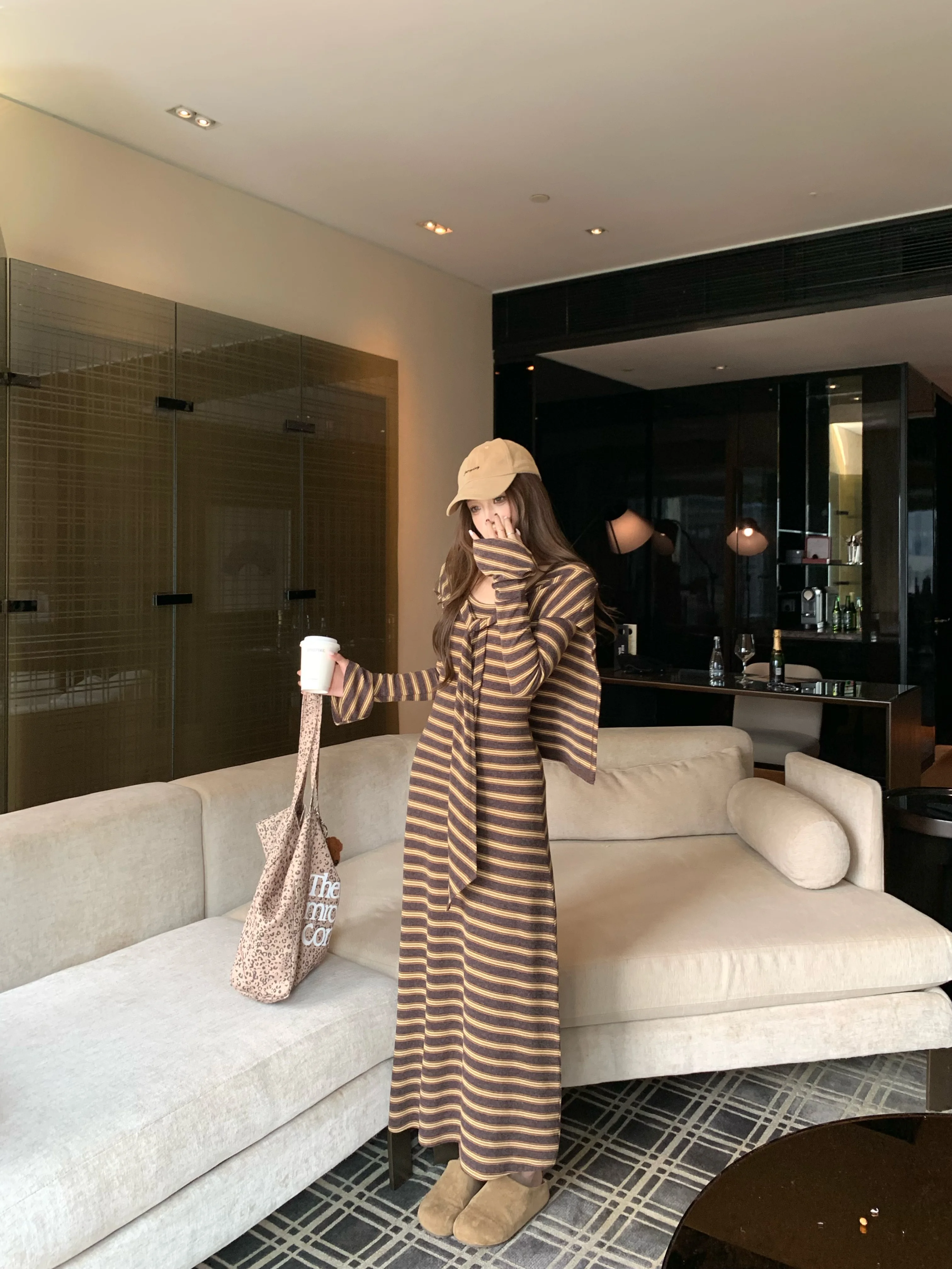 

Gray Women's Suit Striped 2-piece Trendy Casual Set Dress Vintage Autumn O-neck Flare Sleeve A-line Skirt Korean Female Outfits