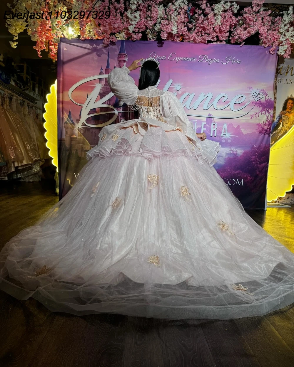 EVLAST-Vestido De quinceañera rosa brillante, Vestido De baile, apliques De encaje dorado, cuentas con chaqueta, corsé, dulce 16, 15 años, QD1070