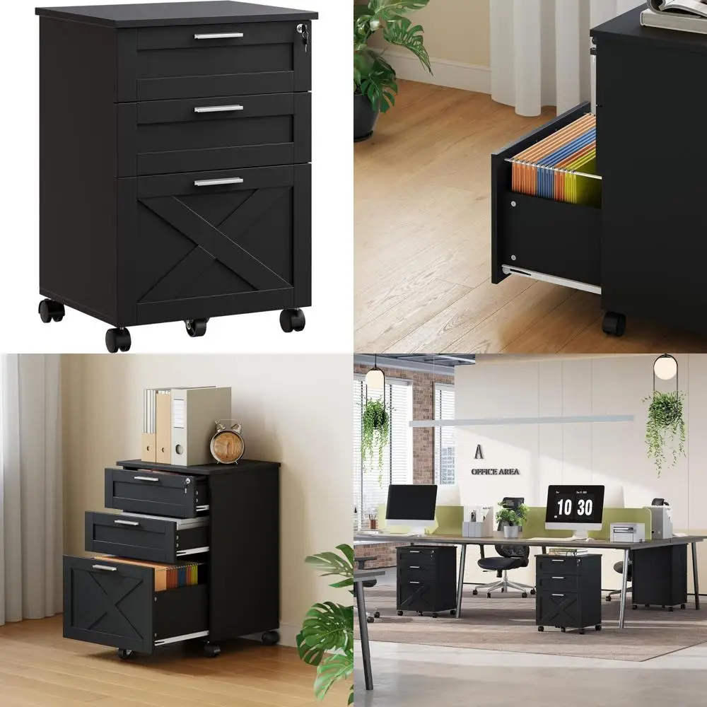 

Прочный мобильный шкаф для документов с 3 запираемыми ящиками, матовая черная отделка, подходит для форматов Letter, Legal и A4.