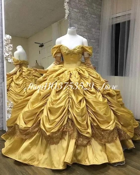 Yellow Fairytale Princess Evening Gowns Elegant One Shoulder Satin Pleated Lace Applique Poncho Dreamy Victorian Custom Prom